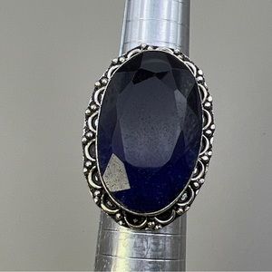 New Enhanced Faceted Blue Sapphire Stone Crystal Silver Overlay Ring Size 7